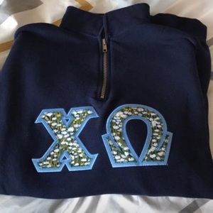Navy blue chi omega stitched letters quarter zip